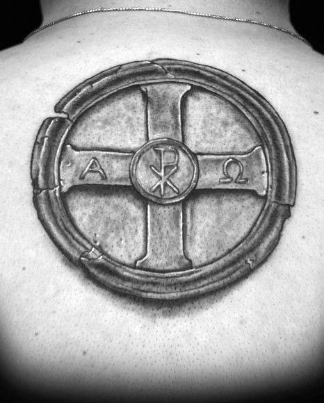 Stone Shaded Alpha Omega Mens Upper Back Tattoo
