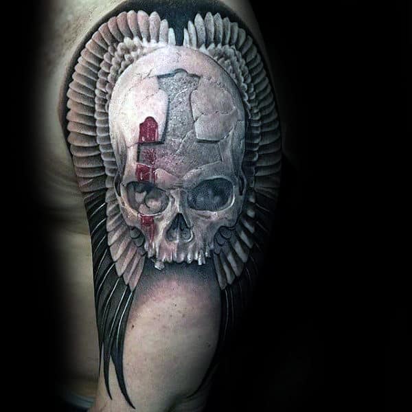 Stone Skull With Wings Black Ink Upper Arm Guys Tattoos