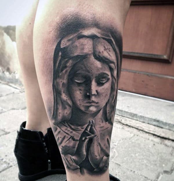 Stone Virgin Mary Lower Leg Male Tattoo Designs