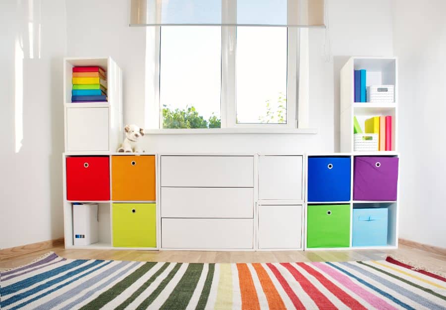 colorful storage in playroom