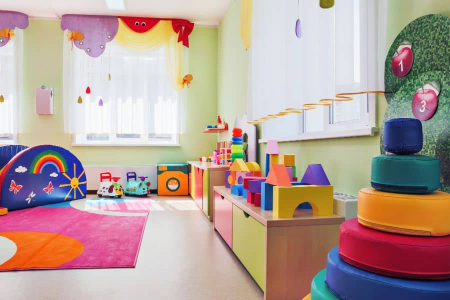 well organized colorful kids playroom