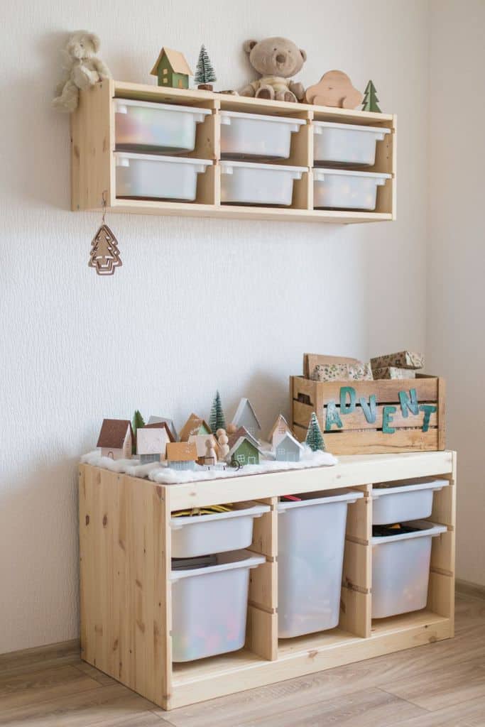 wood shelf units with plastic storage baskets