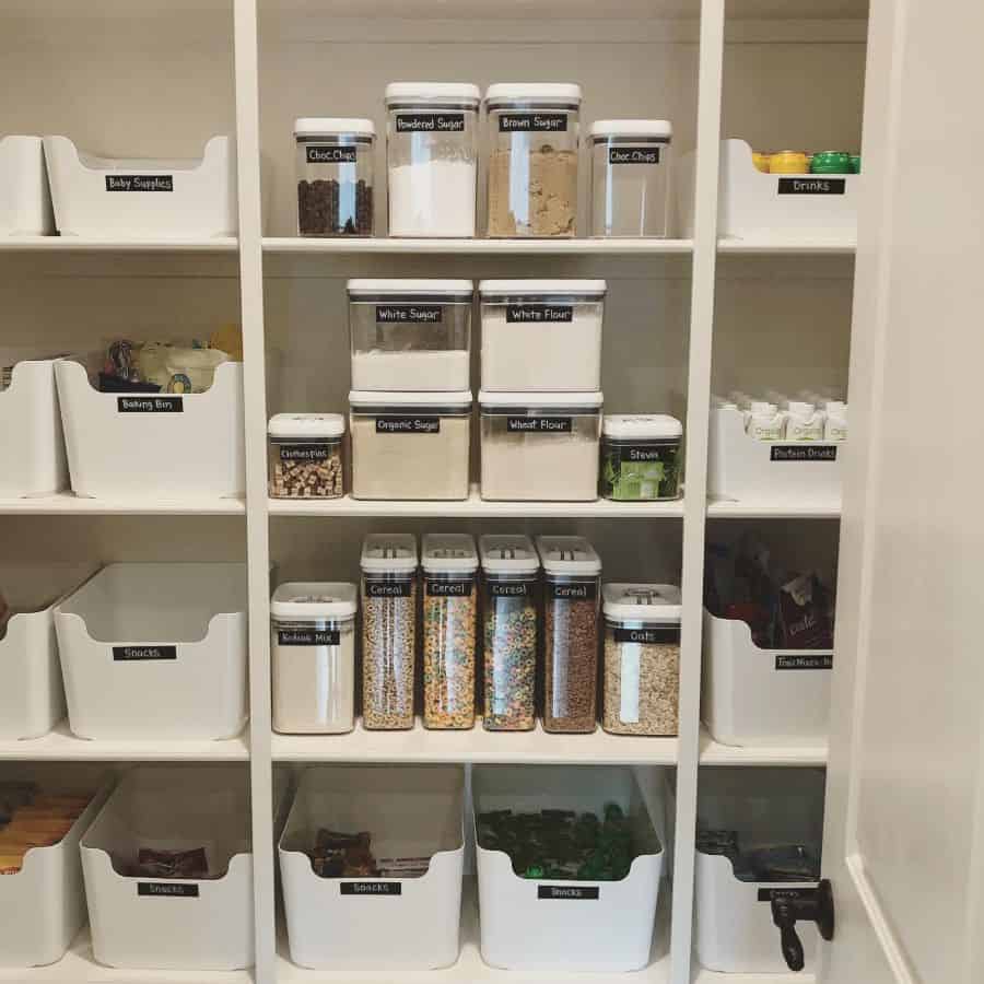 white shelf kitchen storage with labels