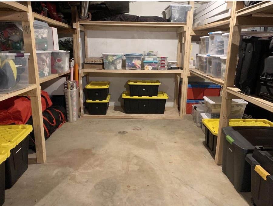 simple wood shelf storage in basement