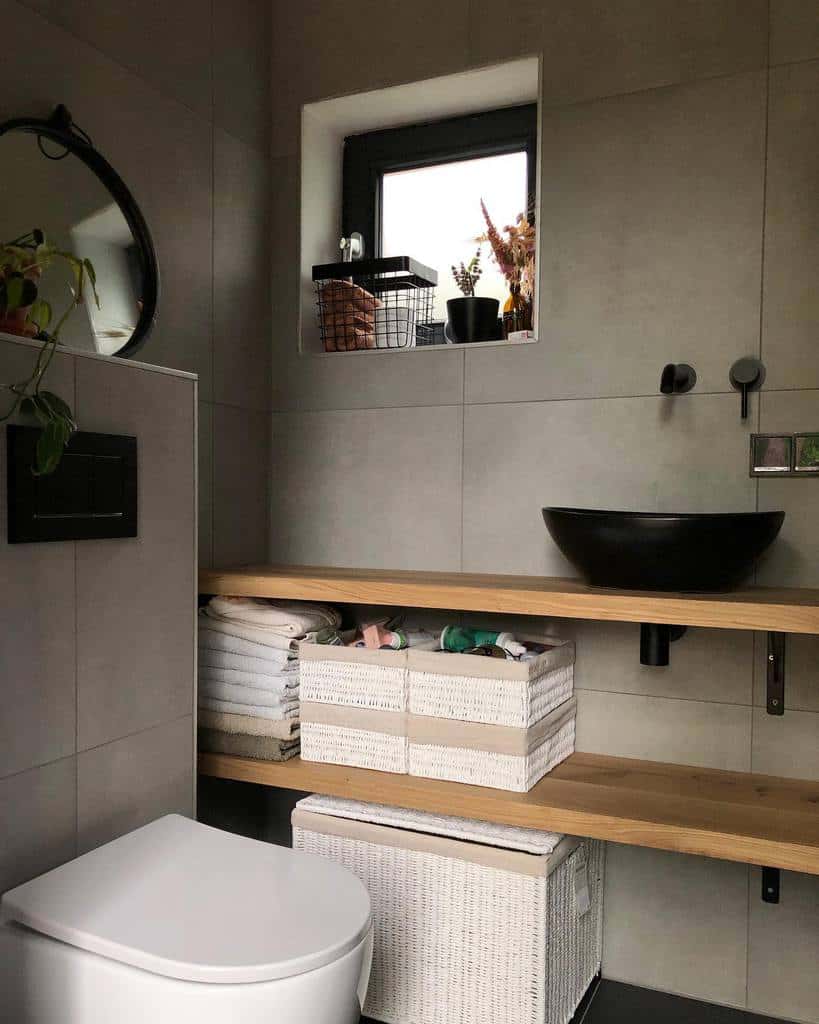 wood shelf storage under sink in modern bathroom