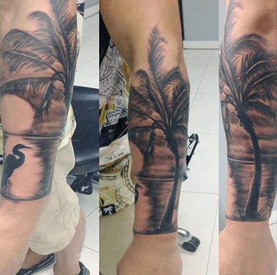 Stork And Palm Tree Tattoo On Lower Arms For Men