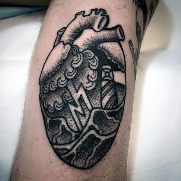Storm At Seas With Lighthouse And Heart Male Traditional Old School Arm Tattoos