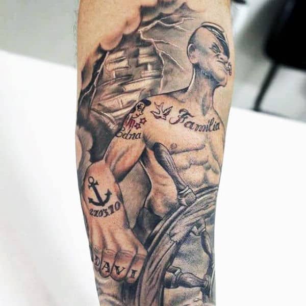 Stormy Seas Popeye Anchor Guys Leg Sleeve Tattoo
