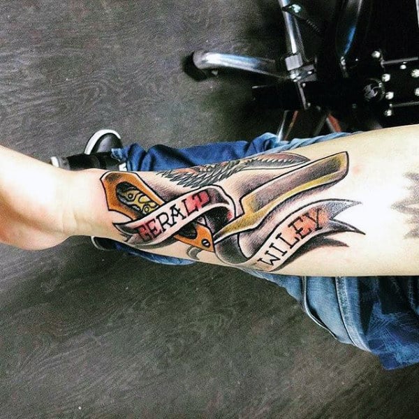 Straight Razor And Gerald Wiley Ribbon Tattoo Male Forearm