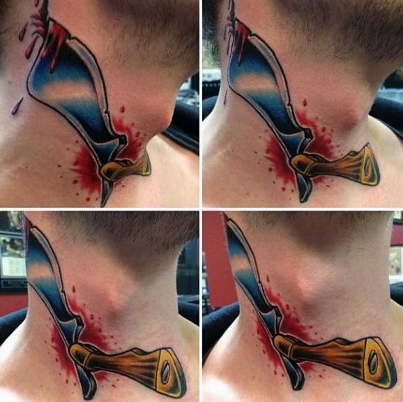 Straight Razor Piercing Mans Neck Tattoo