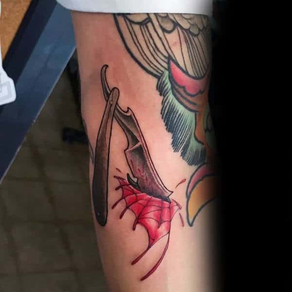 Straight Razor Piercing Webbed Skin Tattoo Male Forearm