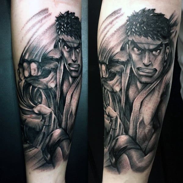 Street Fighter Shaded Black And Grey Ink Mens Forearm Tattoos