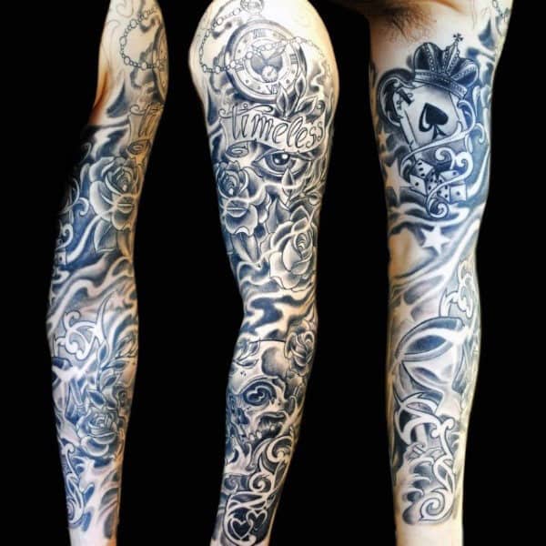 Striking Black Grey Cards And Rose Blooms Tattoo Mens Sleeves