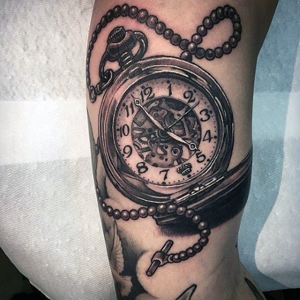 Striking Pocket Watch Tattoo Design On Forearms Men