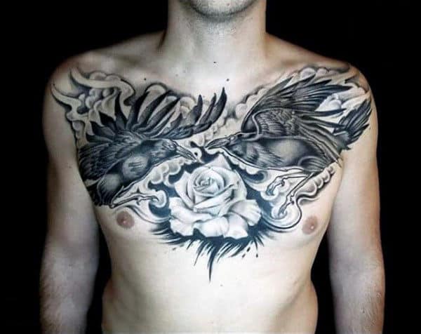 Striking Raven Duo White Rose Tattoo Mens Chest