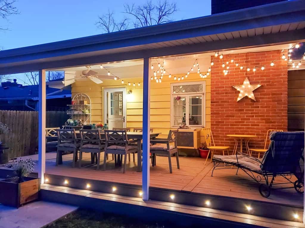 wood deck patio with string lighting