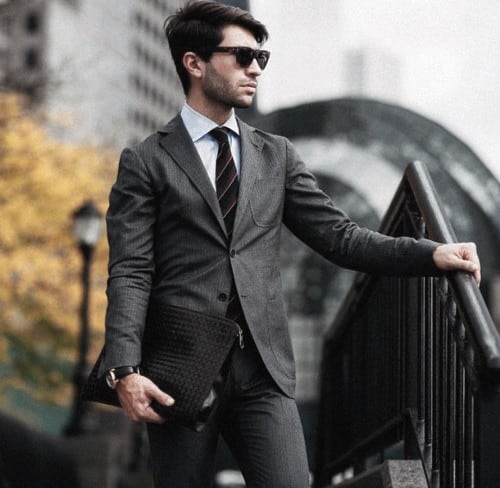 Striped Black Tie Fashion Mens Grey Suits