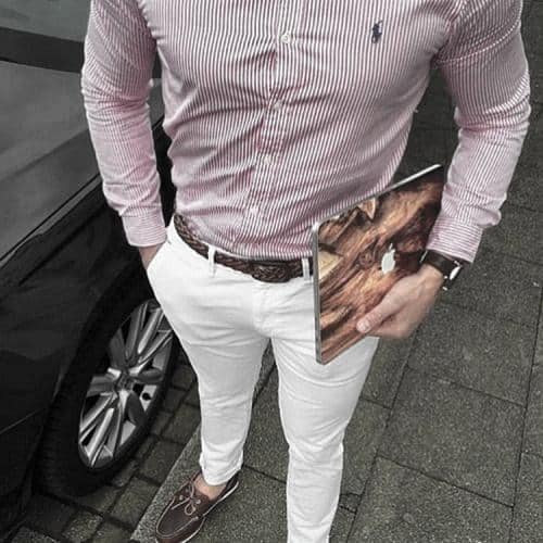 Striped Red Dress Shirt Brown Belt And Boat Shoes What To Wear With Male White Jeans Outfits Clothing Styles