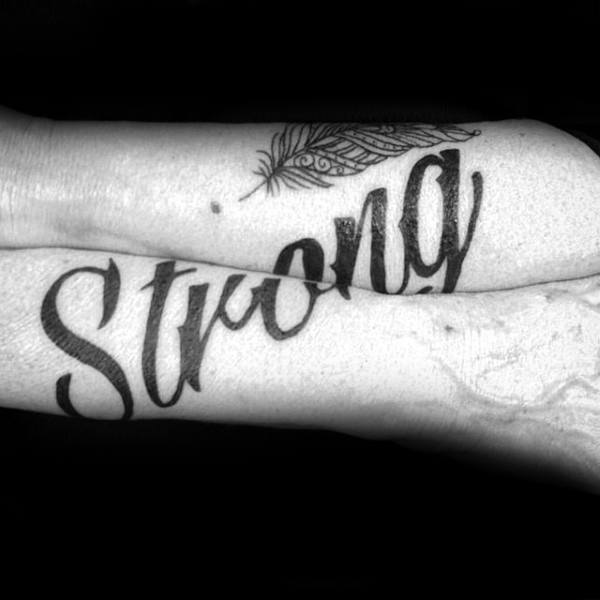 Strong Lettering Tattoo Across Both Forearms Male Strength Tattoo