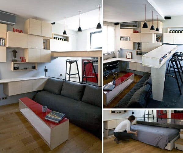 Compact studio featuring multi-functional furniture, hidden bed, and modern design.
