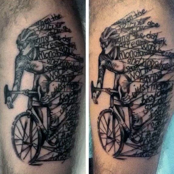 Stunning Black Bicycle Rider With Lettering Tattoo Arms Male