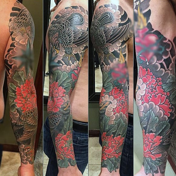 Stunning Color Hawks In Flower Tattoo Full Sleeve For Men