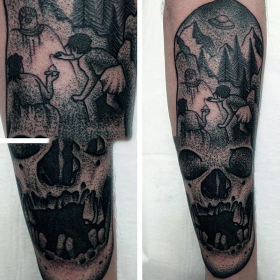 Stunning Grey Dotted Work Tattoo Of Ufo Skull Tattoo Guys Sleeves