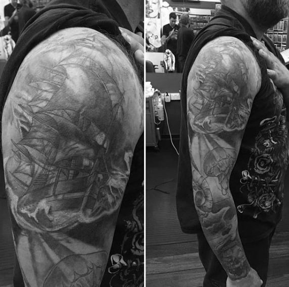 Stunning Grey Ship Under Water Life And Jellyfish Tattoo Mens Full Sleeve