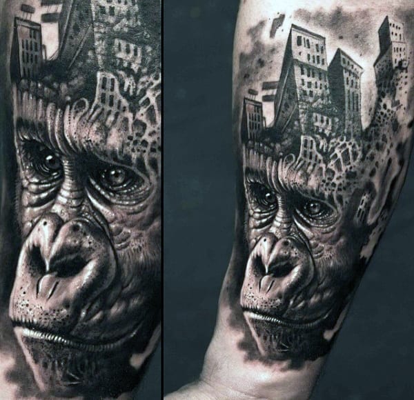 Stunning Mens Gorilla With City Head Tattoo Design