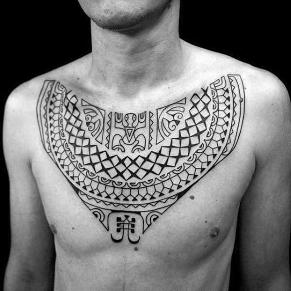 Stunning Mens Polynesian Tattoo On Chest With Cool Tribal Design