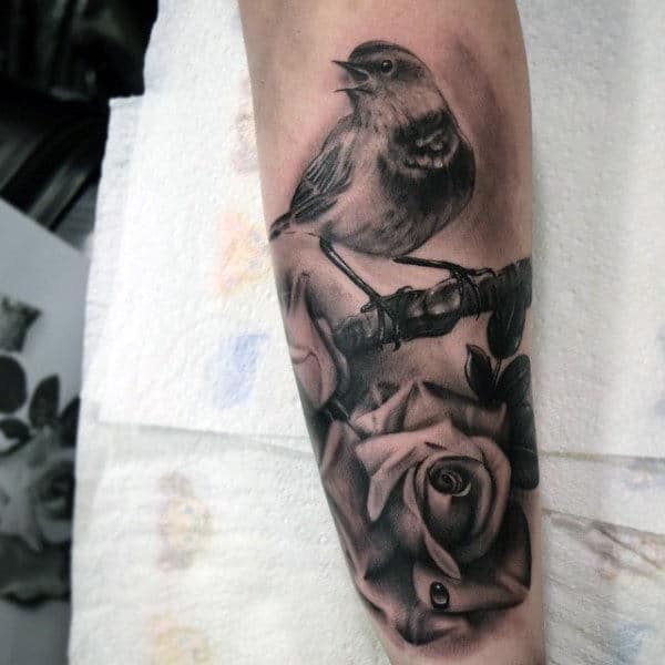 Stunning Sparrow On Realistic Rose Tattoo Mens Forearms