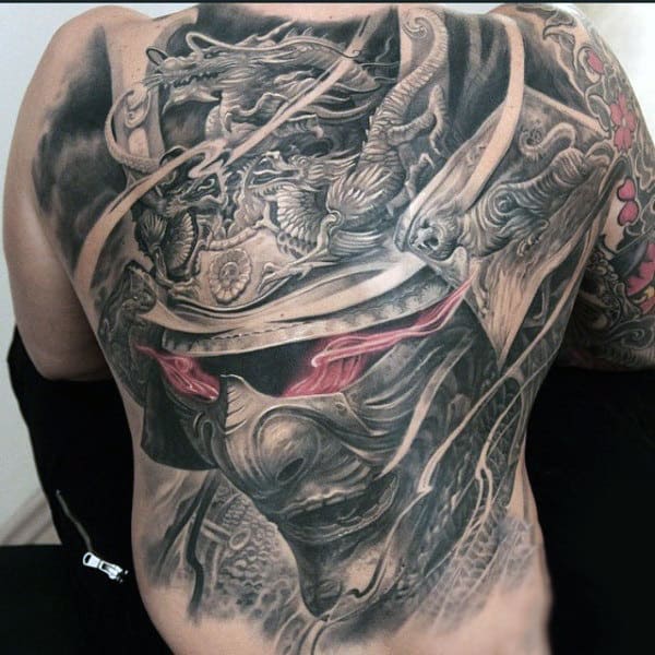 Stupendous Grey Helmeted Warrior Tattoo With Blazing Eyes Mens Full Back
