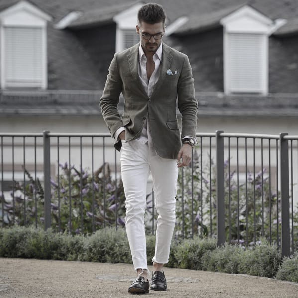 Style Business Casual Outfits Olive Green Blazer With White Pants Looks Men