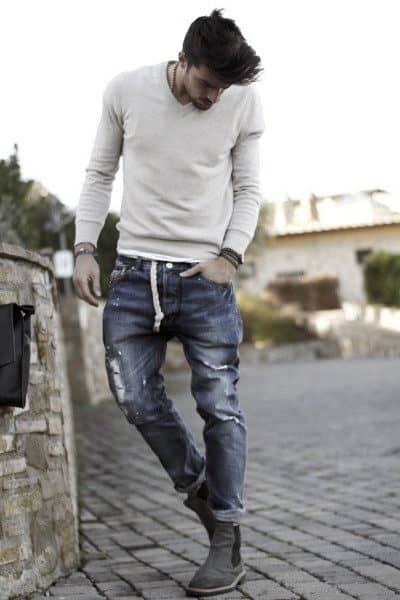 Style Casual Wear Looks Guys Worn Jeans With Cream Long Sleeve Shirt