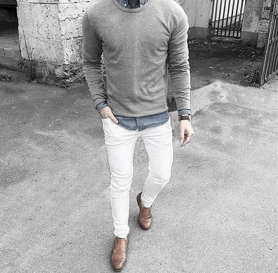 Styles What To Wear With Mens White Jeans Outfits Styles Grey Sweater Blue Dress Shirt