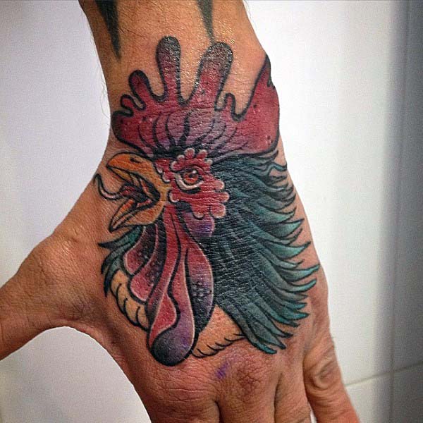 Stylis Guys Rooster Tattoo On Hand Traditional Style