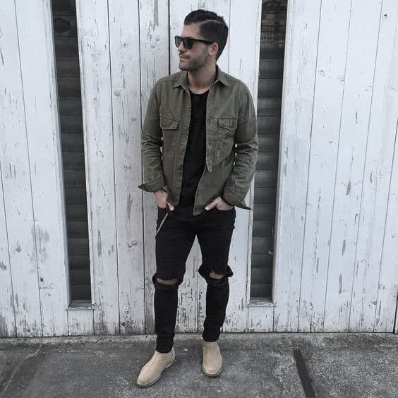 Stylish Casual Male Black Jeans What To Wear With Olive Green Shirt And Tan Shoes