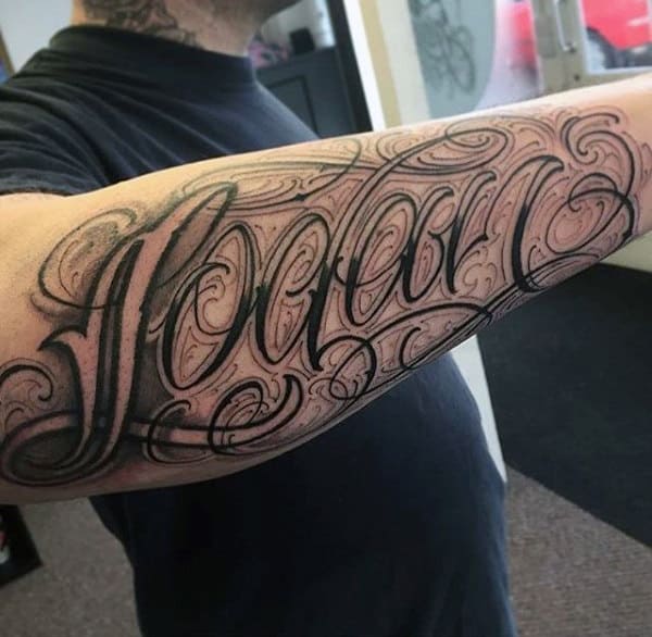 Stylish Fonted Lettering Tattoo Mens Forearms