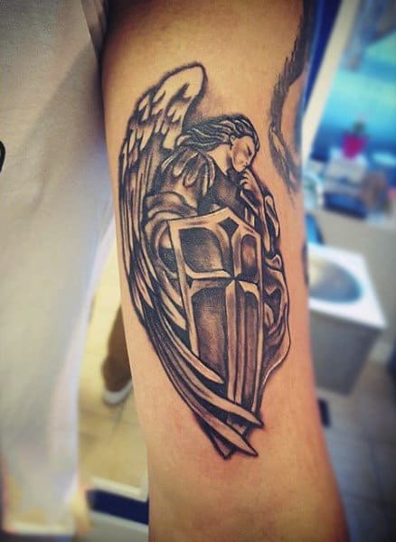Stylish Guardian Angel Tattoo Males Forearms