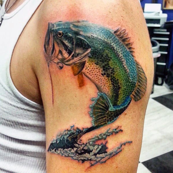 Stylish Jumping Bass Tattoo On Male Bicep