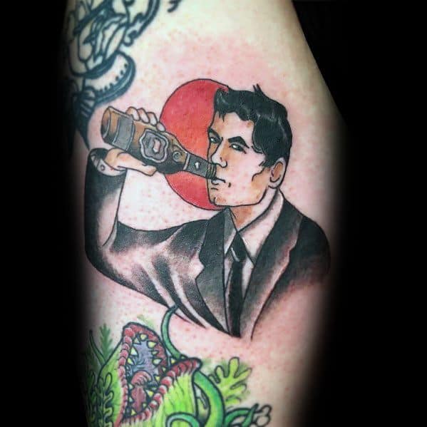 Archer tattoo featuring the spy in a suit drinking from a bottle, with a red sun backdrop and bold shading for a classic look.