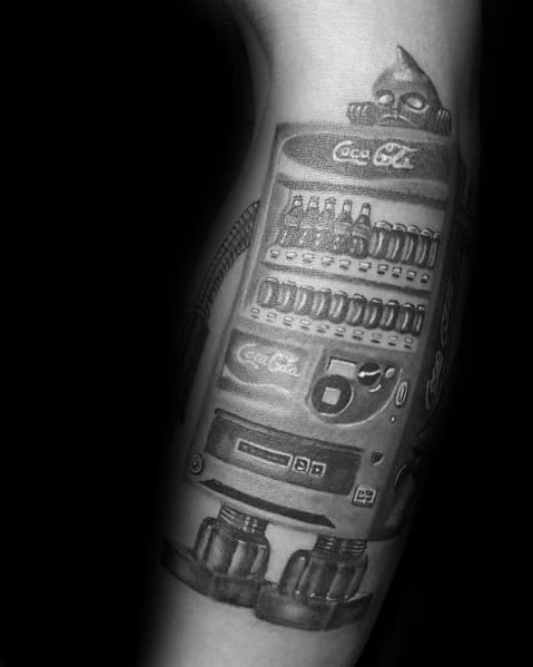 Black and grey Coca-Cola vending machine robot tattoo with intricate shading, mechanical details, and a futuristic retro-inspired design.