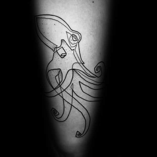 Minimalist continuous line tattoo of a squid on the forearm, featuring bold black ink with flowing tentacles for a sleek and artistic ocean-inspired design.