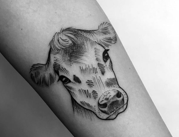 Minimalist cow head tattoo with fine black linework and sketch-style shading, capturing a gentle expression on the forearm.