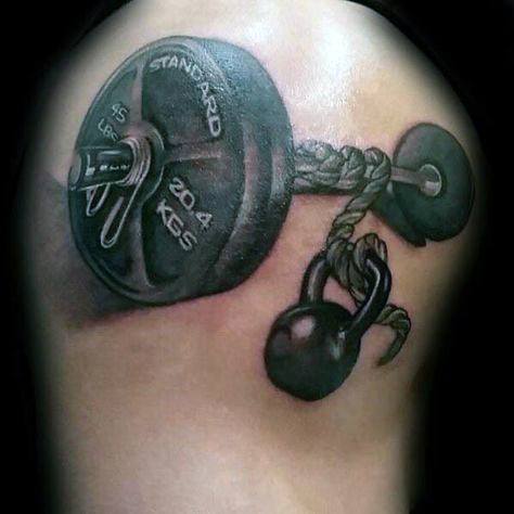 Realistic tattoo of a barbell, kettlebell, and rope intertwined, symbolizing strength, endurance, and dedication to weightlifting and CrossFit.