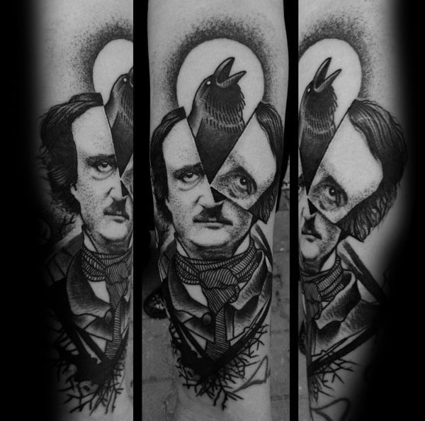 Abstract black and grey tattoo of Edgar Allan Poe with fragmented facial sections, a raven overlay, moon backdrop, and tangled roots below.