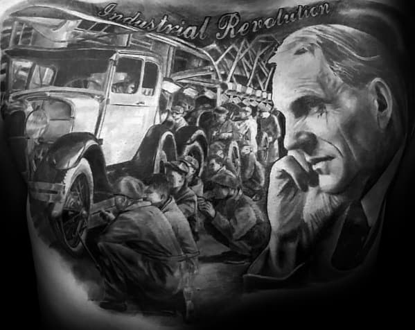 Realistic black and grey tattoo depicting Henry Ford, an early Ford assembly line, and workers, symbolizing the Industrial Revolution and automotive history.