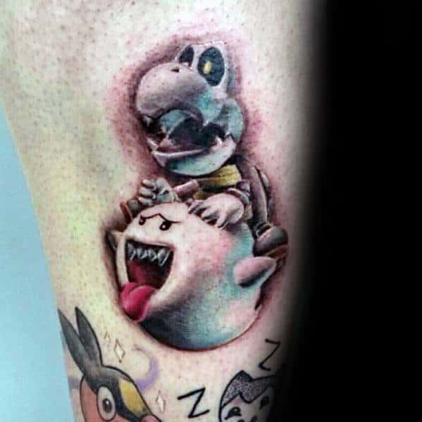 Mario-themed tattoo featuring Dry Bones riding a mischievous Boo, detailed with realistic shading and vibrant colors, creating a dynamic 3D effect.
