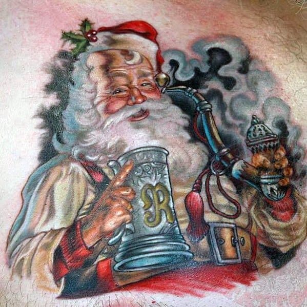 Festive Santa Claus tattoo with a rustic, old-world charm, featuring him holding a stein and a smoking pipe, detailed with rich shading and vintage style.