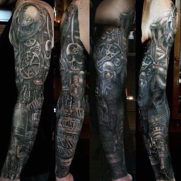 A detailed biomechanical full sleeve tattoo featuring gears and mechanical parts